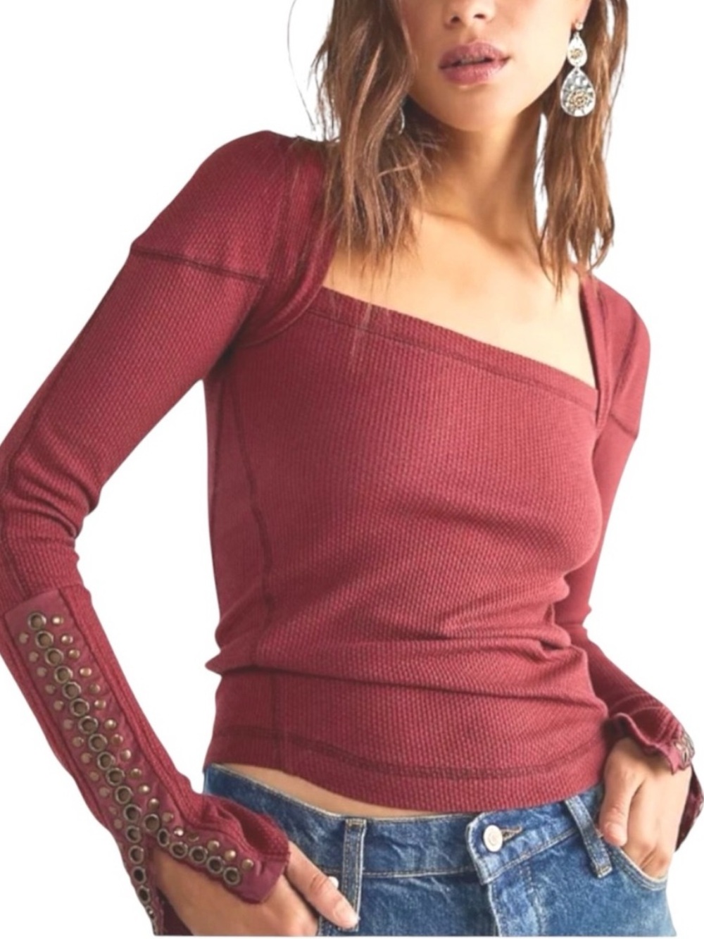 Free People Burgundy Long-Sleeve Top with grommets